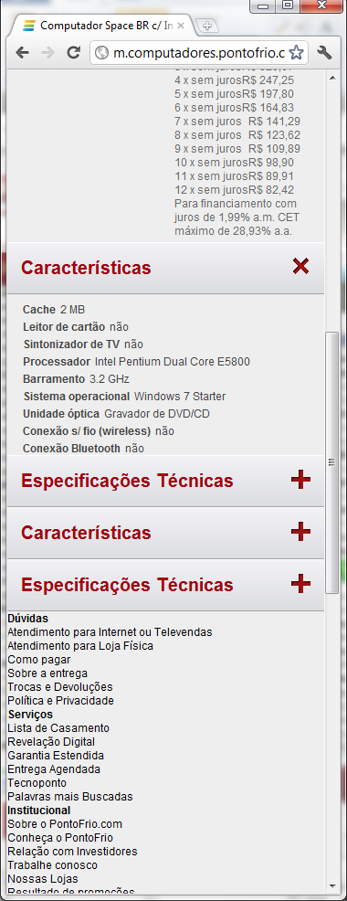 - Informações adicionais do produto em painéis retráteis, reduzindo a altura da página e agrupando o conteúdo da página.