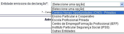 6.2 Tipo de Entidade Emissora da Declaração Deverá seleccionar o tipo de entidade de acordo com a declaração que possui, e escrever/seleccionar a respectiva designação.