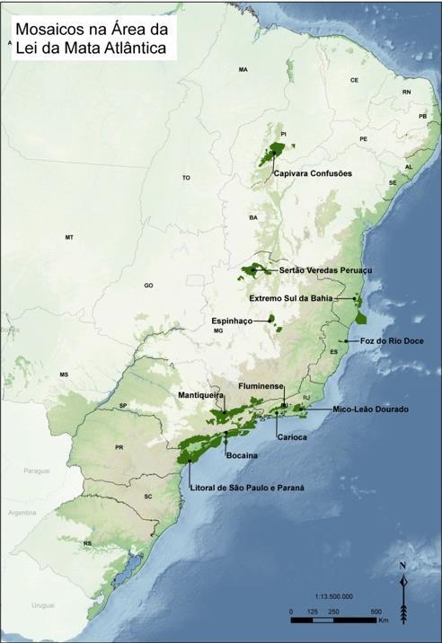 Mosaicos na Área de Aplicação da Lei da Mata Atlântica Atuação do projeto em mosaicos de unidades de conservação (UC) como áreas prioritárias: