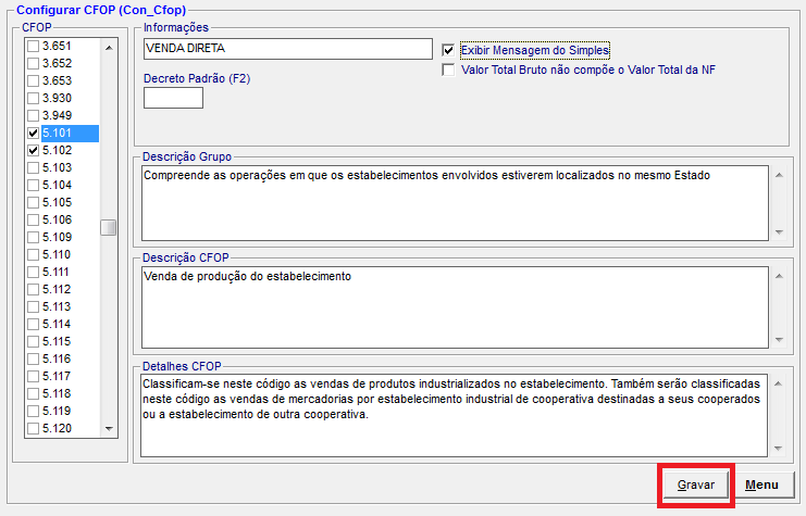 Configurar CFOP s que serão utilizados nas