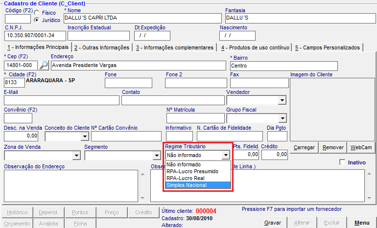 Informar Regime Tributário do Cliente 2.