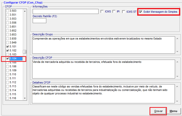 Configurar CFOP para Mensagem do Simples Nacional 5.