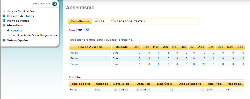 6. Absentismo 6.1 Consulta de Absentismo Neste processo é possível consultar os dados de absentismo relativos às ausências dos Utilizadores.