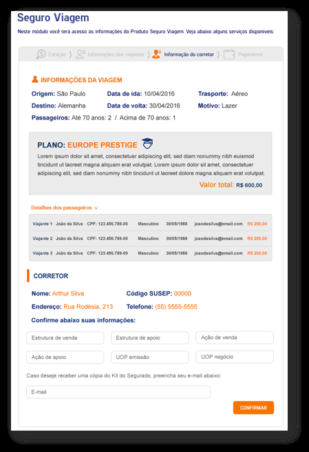 Com a verificação dos dados do corretor, será necessário clicar no botão Confirmar e seguir para a tela de pagamento.