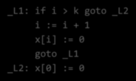 Código de três endereços: Instruções de desvio C++ Tradução while (i++ <= k) x[i]