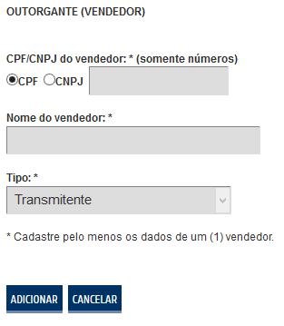 Preencha o CPF/CNPJ do OUTORGANTE (VENDEDOR), aperte a tecla Tab para carregar o nome e clique em