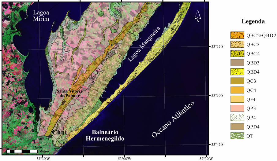Fig. 3. Composição entre uma imagem de satélite Landsat-TM7 (R5-G4-B3) com o mapa geológico correspondente a Folha Santa Vitória do Palmar (1:250.