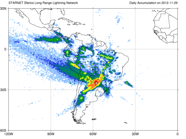 BOLETIM DIÁRIO DO TEMPO Boletim do Tempo para 29 de Novembro A formação de um Sistema Convectivo de Mesoescala no Norte da Argentina ao longo da noite de quarta-feira (28) provocou a formação de