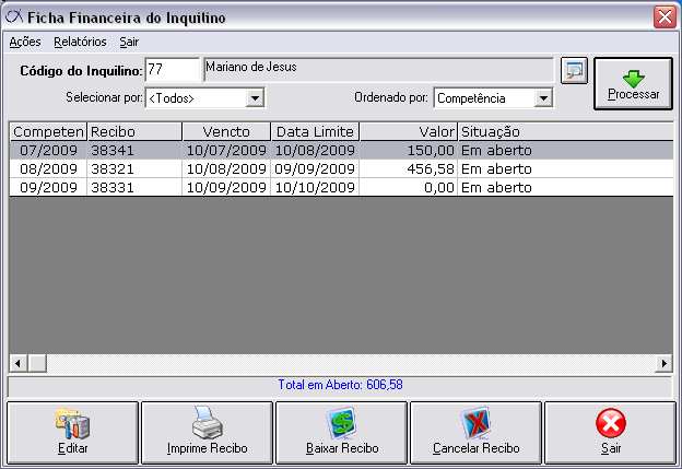 21 Ficha do Inquilino Recibos> Ficha Financeira do Inquilino - Informe o código do Inquilino e selecione o tipo de recibo e a ordem para a listagem.