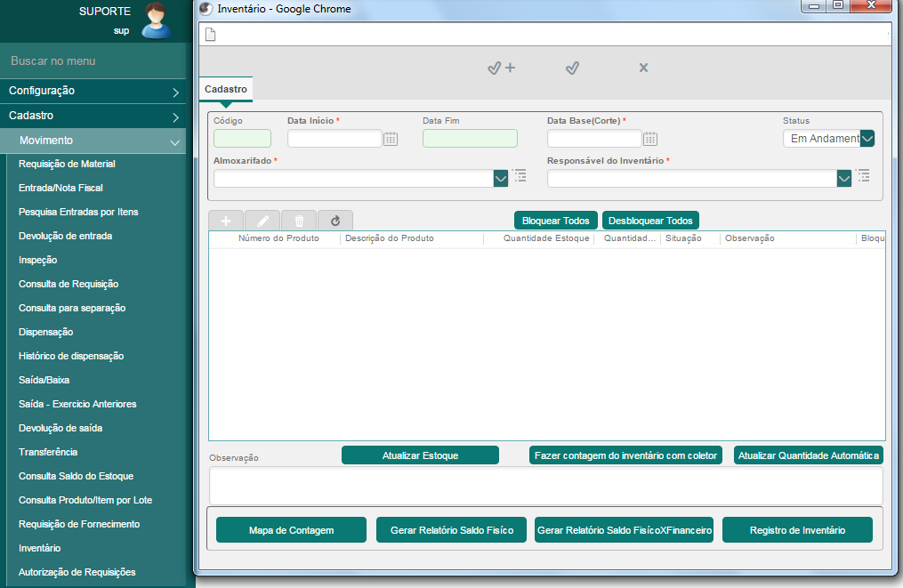 MENU > MOVIMENTO > Inventário Denominado como Inventário físico, o inventário é um instrumento de controle para um levantamento dos materiais em estoque nos almoxarifados.
