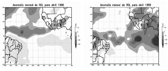 Figura 10: Anomalia mensal de ROL (W/m 2 ) para: (a) abril de 1998 e (b) abril de 1999.