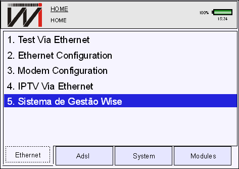 SGW 1 - Acesso ao SGW Ao ligar o TSW800TP, selecione a aba correspondente ao método de conexão desejado ETHERNET (F1) ou ADSL (F2) e pressione a tecla 5, de maneira a selecionar a opção Sistema de