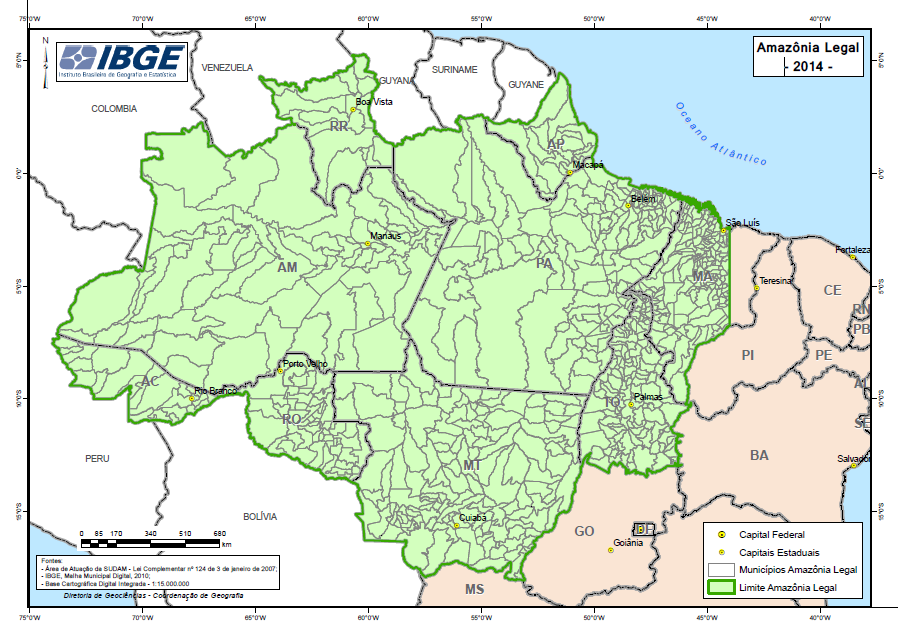 Figura 3 Área delimitada como sendo a Amazônia Legal. Fonte: IBGE, 2014.