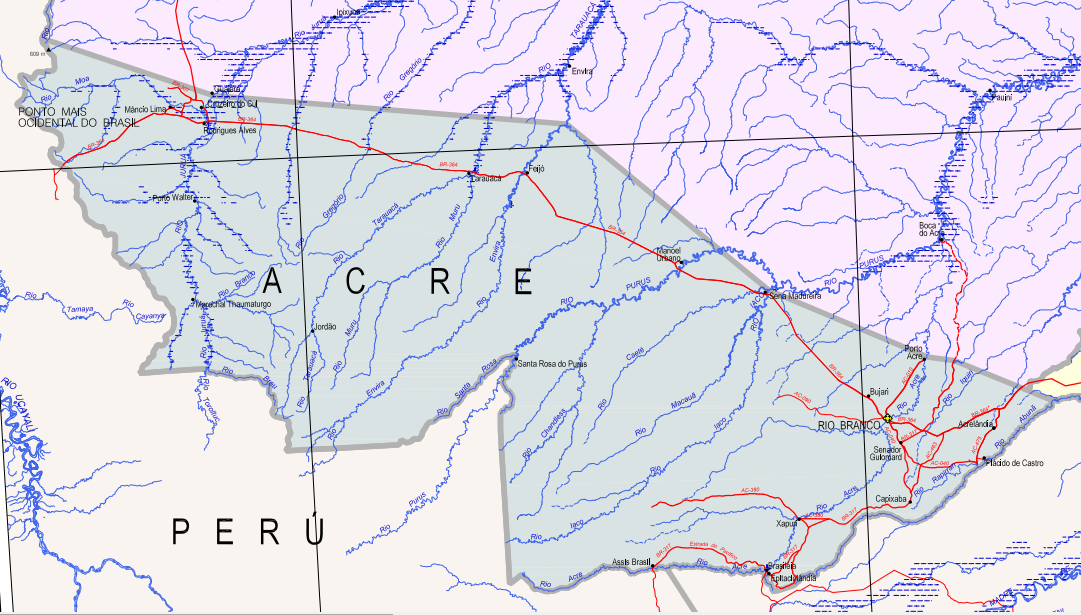 Na figura 5 temos apresentado o mapa físico do Acre onde é possível perceber toda a rede de recursos hídricos principais do estado.