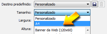 3. Quando a janela Novo Arquivo for exibida, clique na caixa do item nome e digite Embalagem. Vamos criar um novo arquivo no tamanho de uma página A4. 4.