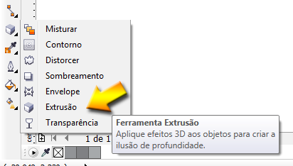 7.2. Extrusão selecionado. O efeito extrusão é utilizado para simular um efeito tridimensional no objeto 1.