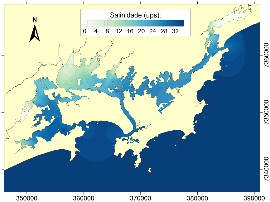 Análise da renovação das águas do Sistema Estuarino de Santos 577 Figura 9. Mínima intrusão salina (período representativo de verão). 3.2.
