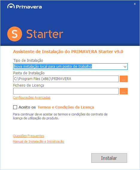 Instalação nova Neste primeiro passo deve introduzir todas as informações necessárias para a instalação do seu ERP PRIMAVERA, nomeadamente: Tipo de Instalação permite decidir qual a instalação