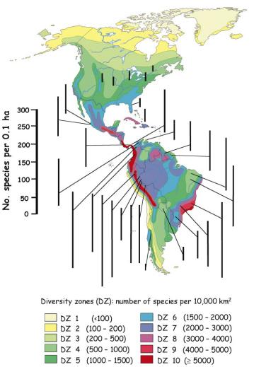 Padrões de Diversidade em Gradientes de Latitude Mapa da diversidade de espécies vegetais por superfícies de densidade (número de espécies por 10.