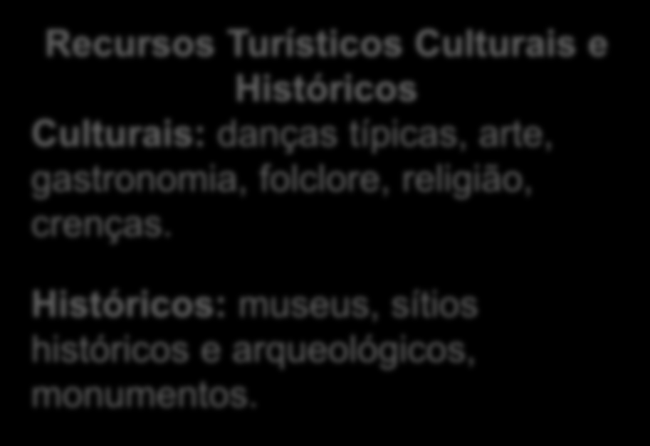 Composição de Produtos de Turismo Recursos turísticos (ou Atrativos): É o recurso natural, históricocultural, técnico, científico ou acontecimento programado, capaz de motivar o deslocamento das