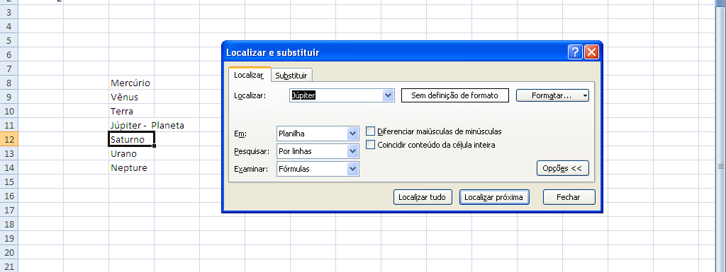 Isso apresenta uma caixa solicitando o texto de pesquisa: o exemplo abaixo mostra uma pesquisa pelo texto "Júpiter".