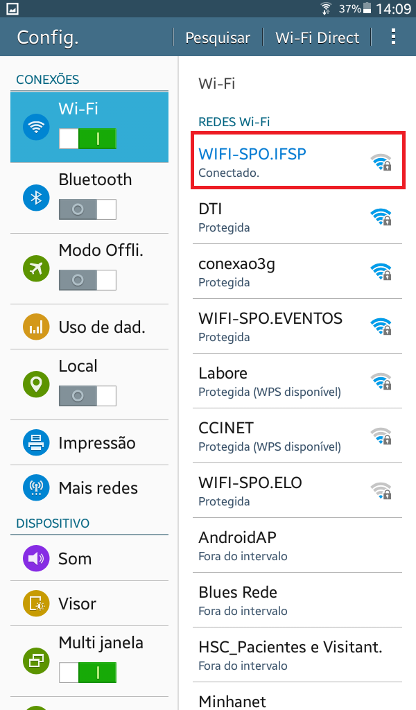 7. Para concluir esta etapa, pressione o botão "Conectar". A tela anterior (Wi- Fi) será exibida, e já mostrará que o aparelho agora está conectado a rede WIFI-SPO.IFSP.