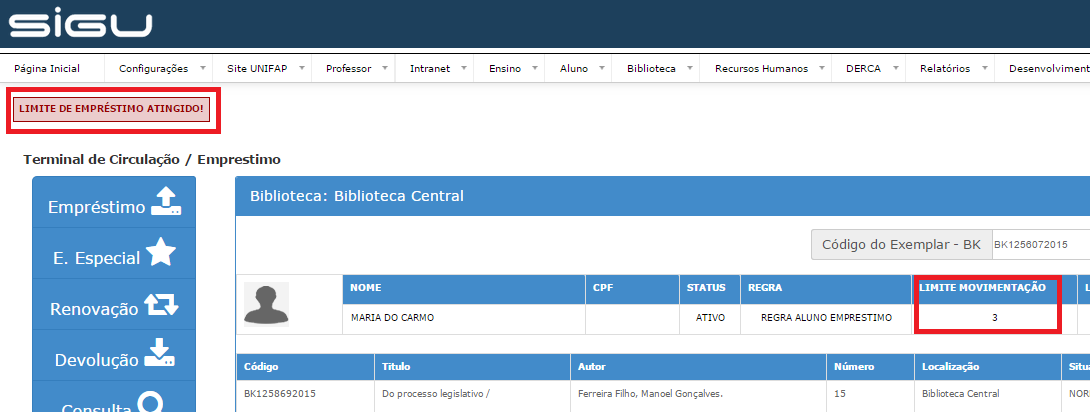 9. Quando o usuário alcançar o limite definido na regra para quantidade de livros que poderá solicitar, o sistema também exibirá uma mensagem de alerta informando.