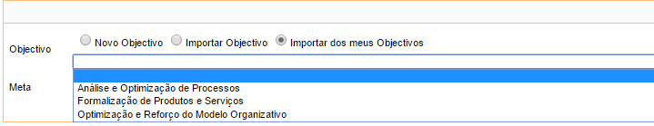 Ao final do preenchimento dos campos deverá clicar no botão para gravar. A lista de opções existente no formulário pretende auxiliar a chefia no carregamento dos objectivos.