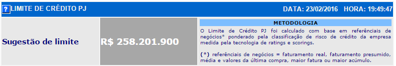 Limite de Crédito PJ Características: Apresenta uma sugestão de limite de crédito total que a empresa consultada poderia obter junto aos seus