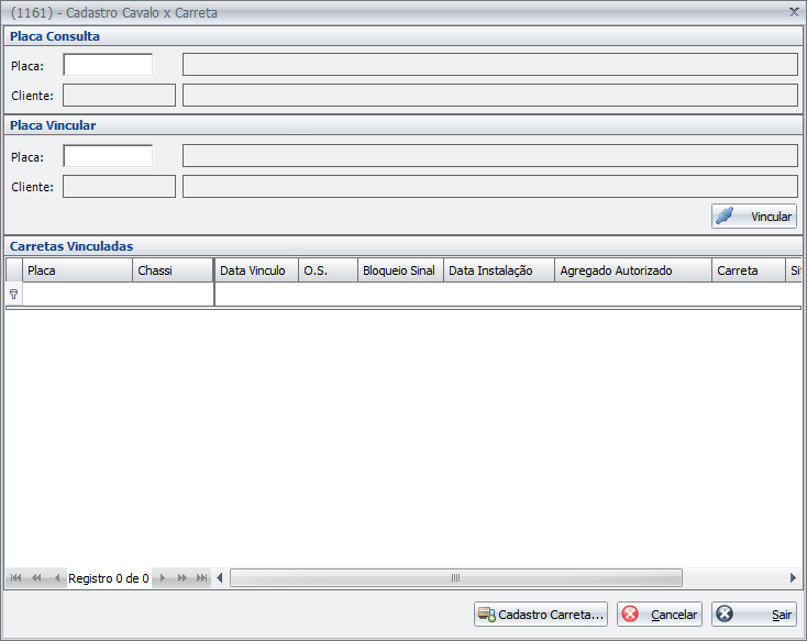 8. Tela para Vinculo de Cavalo Carreta. 1 2 3 4 Criar uma nova tela onde será possível ser chamada através do Menu, ou quando uma OS de Carreta for finalizada e ela não possuir vinculo. 1. Os Campos dessa consulta irão se adequar sempre referente ao carregar a primeira placa de Consulta.