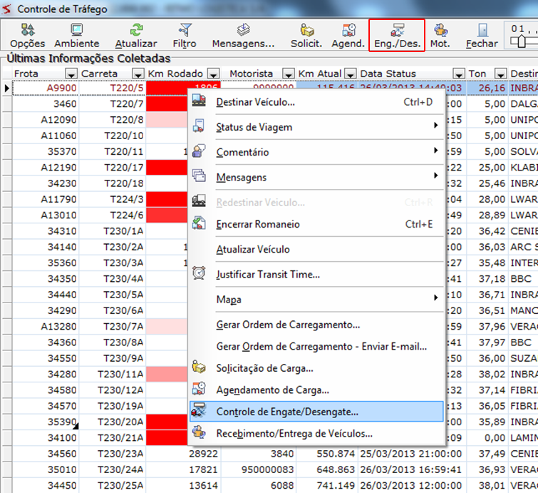 Outra via de acesso à interface é através do menu Transporte & Logística / Gestão Logística / Controle de Tráfego.., acesso rápido TRAFEGO.