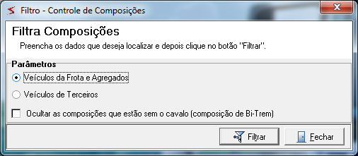 2º passo: Na tela Filtro - Controle de Composições escolha o parâmetro Veículos da Frota e Agregados