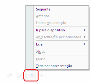 3.3. Executar e terminar apresentação Tal como se viu anteriormente, para se executar uma aplicação podemos clicar no respectivo botão existente na barra no fundo da janela do PowerPoint; seleccionar