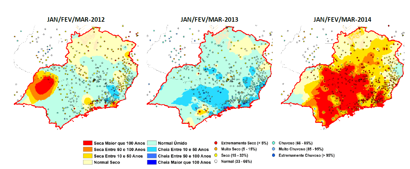 Criticidade das chuvas de janeiro a março entre 2012 e 2014 no Sudeste Fonte: ANA.
