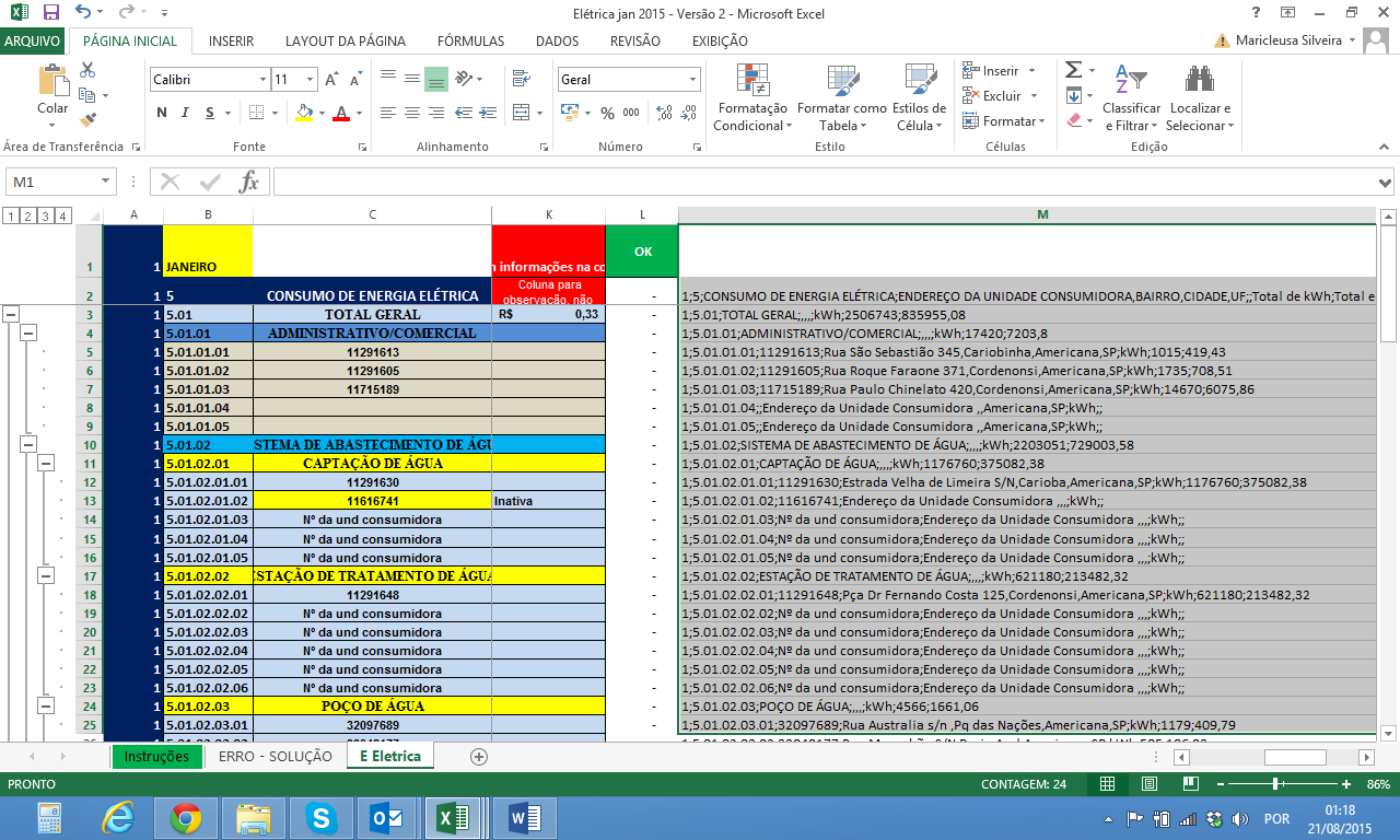 4.2 IMPORTAÇÃO DAS INFORMAÇÕES DE ENERGIA ELÉTRICA (ARQUIVO TEXTO TXT ) Ao preencher a planilha de Energia Elétrica são geradas na coluna M as informações que devem ser copiadas e coladas em um