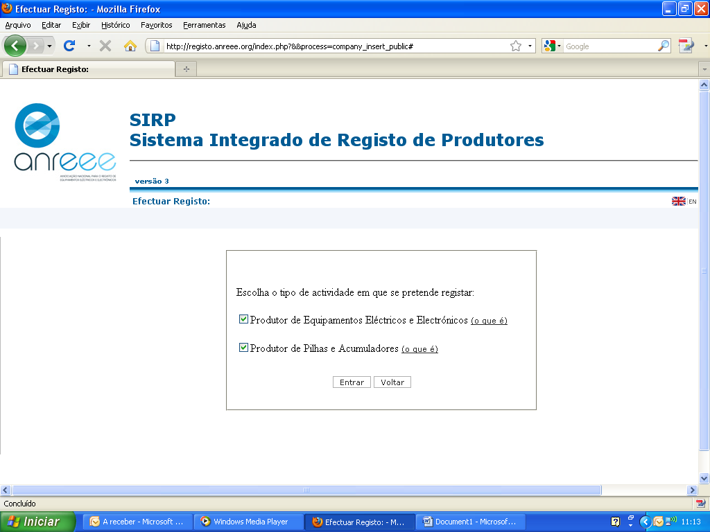 1.5. Ecrã de escolha de fluxos para os quais a empresa pretende registar-se Seleccione, no ponto 1 (caixas de selecção), o fluxo para o qual se vai