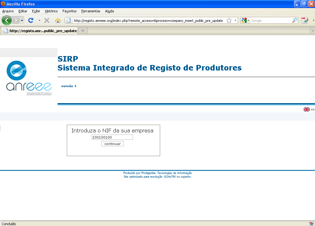 1.6. Ecrã de introdução do NIF da empresa Após introduzir o NIF da