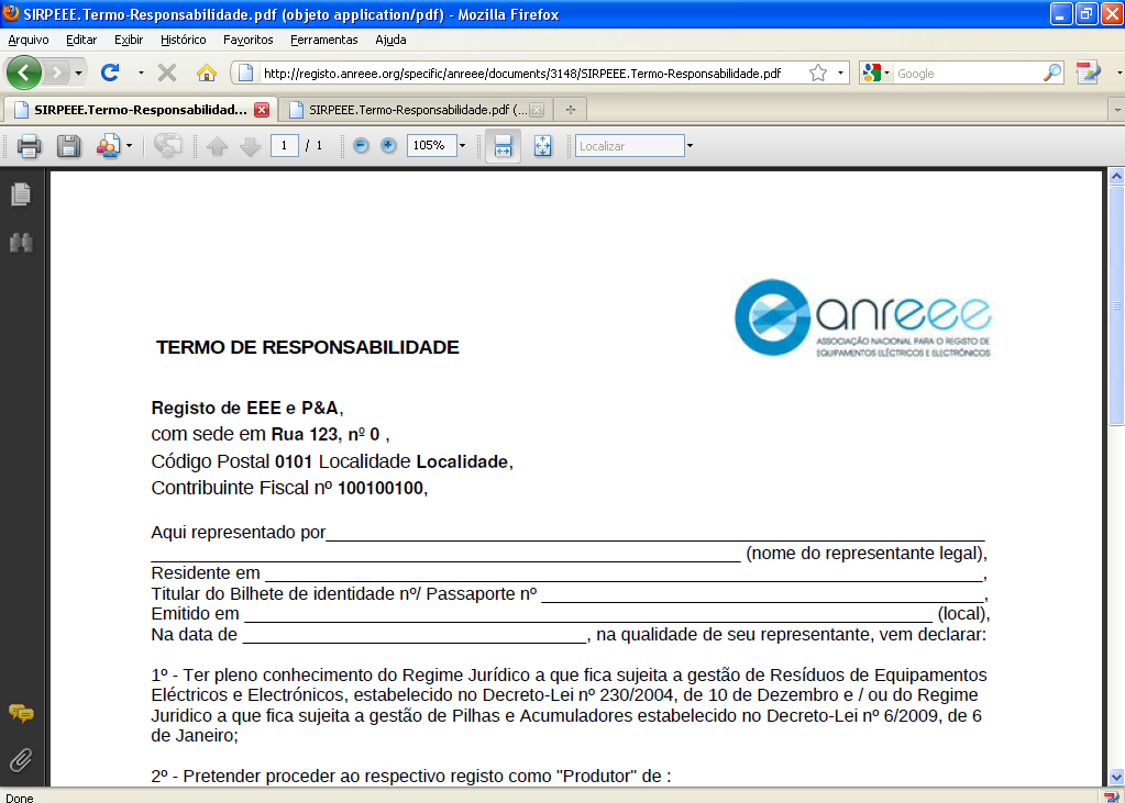 1.10. Ecrã 4 de 5 Obtenção do Termo de Responsabilidade 1 O termo de responsabilidade (TR) surge automaticamente numa janela pop-up, em formato PDF.