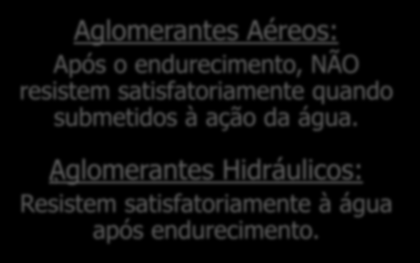 Classificação dos Aglomerantes Quimicamente ativos Aéreos: A secagem ocorre através do ar. (Ex.: gesso, cal aérea). Hidráulicos: O endurecimento ocorre por reações com a água. (Ex.: cimento Portland, cal hidráulica).