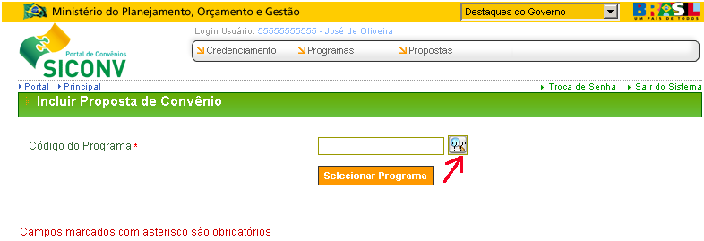 4.1.1 - Selecionar o Programa No menu Propostas, clicar em Incluir Propostas.