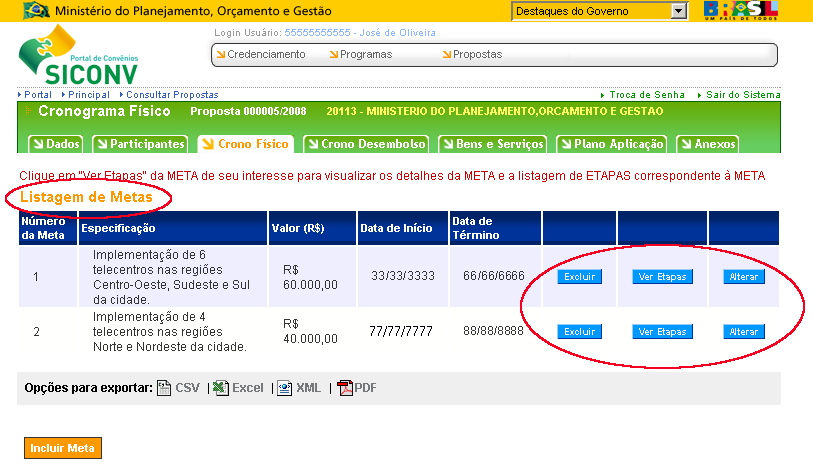 Ao clicar no botão Voltar, o sistema exibe a Listagem de Metas cadastradas.