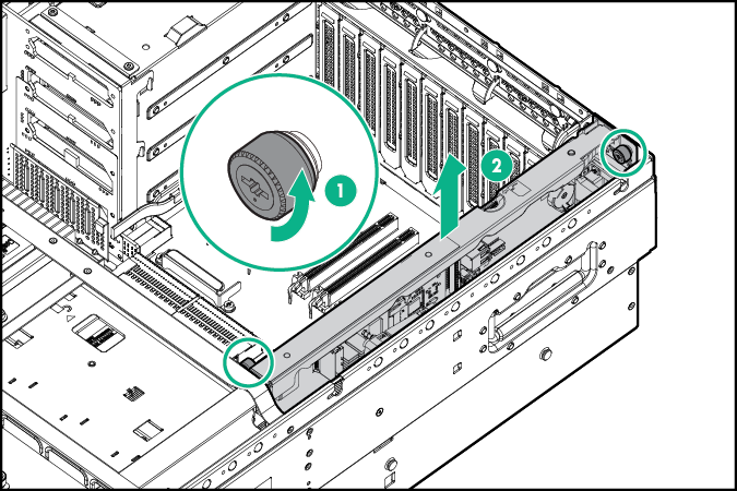 6. Puxe a gaveta da memória do processador aproximadamente de 2,54 a - 5,1 cm (de 1 a 2 polegadas). 7. Afrouxe os parafusos da placa SPI e, em seguida, levante a placa SPI para ter acesso aos cabos.