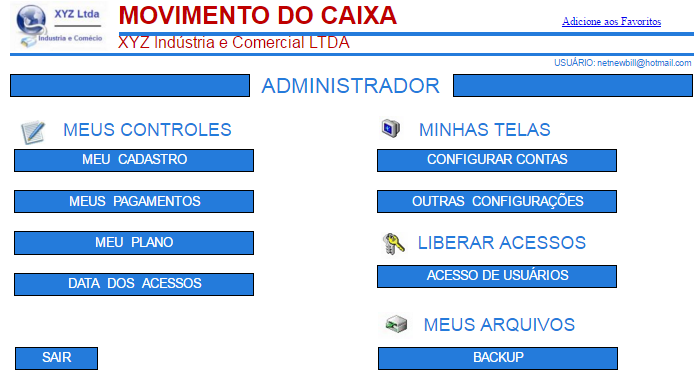 Administrador Meu Cadastro: Para efetuar alterações no Logotipo, Dados cadastrais do usuário e Alteração de Senha.