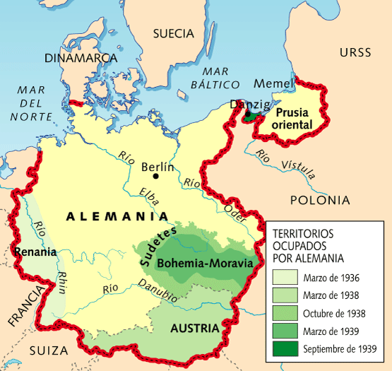 Prelúdio: 1935-1938 A remilitarização da Renânia, zona de fronteira entre a Alemanha, a Bélgica e a França, que havia sido interditada e desmilitarizada, ou seja, proibida a circulação de militares