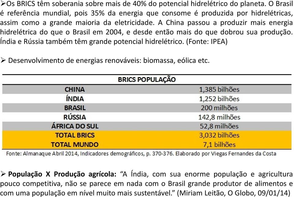 A China passou a produzir mais energia hidrelétrica do que o Brasil em 2004, e desde então mais do que dobrou sua produção. Índia e Rússia também têm grande potencial hidrelétrico.