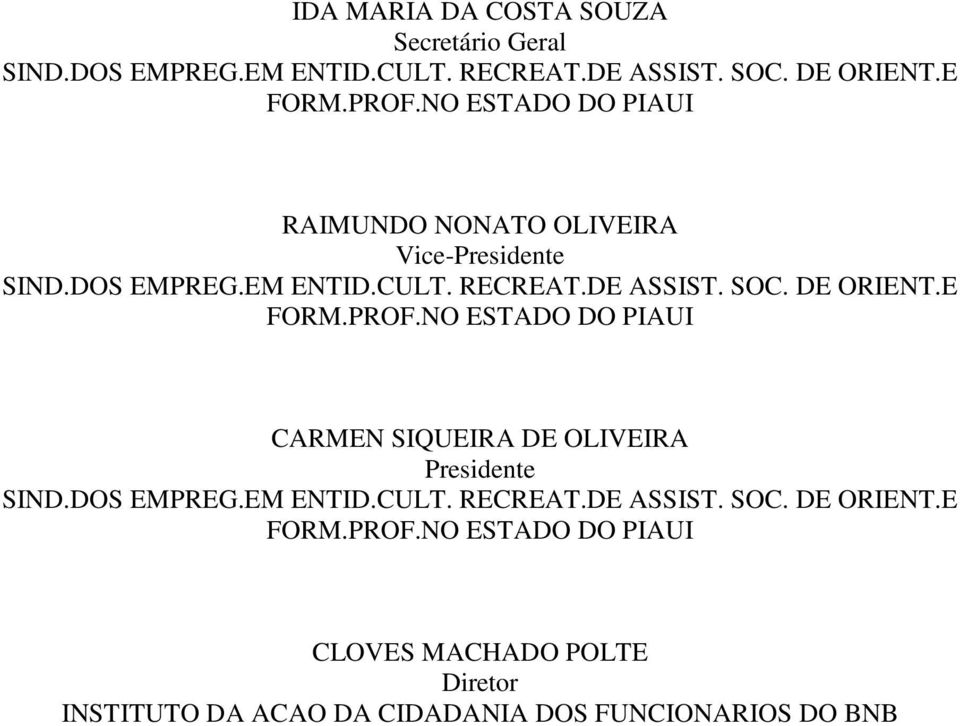 DE ORIENT.E FORM.PROF.NO ESTADO DO PIAUI CARMEN SIQUEIRA DE OLIVEIRA Presidente SIND.DOS EMPREG.EM ENTID.CULT. RECREAT.