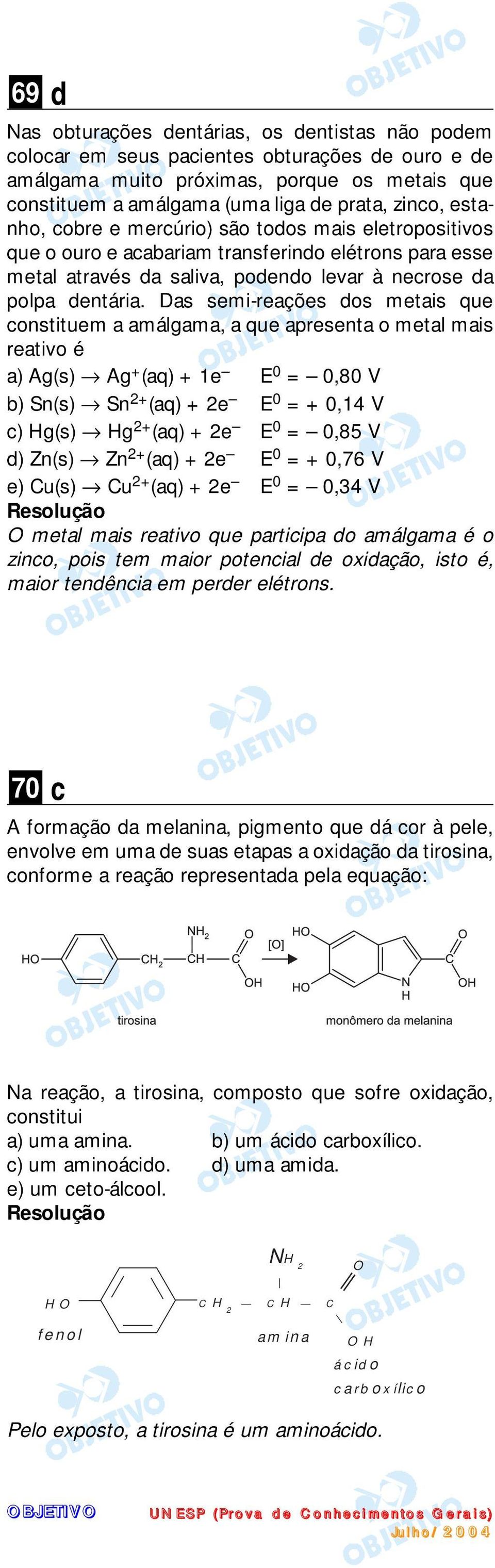 Das semi-reações dos metais que constituem a amálgama, a que apresenta o metal mais reativo é a) Ag(s) Ag + (aq) + 1e E 0 = 0,80 V b) Sn(s) Sn 2+ (aq) + 2e E 0 = + 0,14 V c) Hg(s) Hg 2+ (aq) + 2e E 0