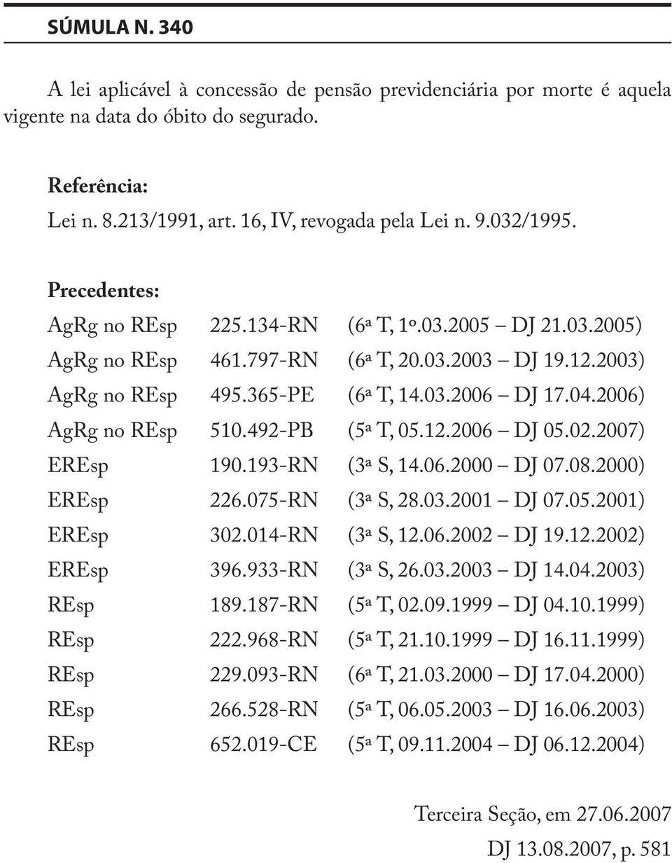 2006) AgRg no REsp 510.492-PB (5ª T, 05.12.2006 DJ 05.02.2007) EREsp 190.193-RN (3ª S, 14.06.2000 DJ 07.08.2000) EREsp 226.075-RN (3ª S, 28.03.2001 DJ 07.05.2001) EREsp 302.014-RN (3ª S, 12.06.2002 DJ 19.