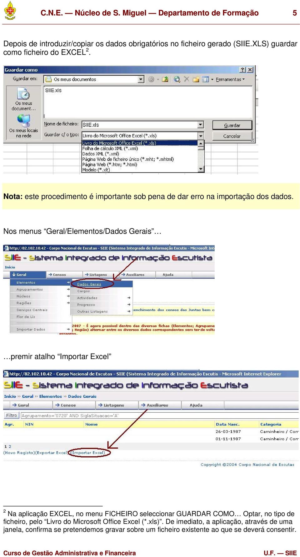 Nos menus Geral/Elementos/Dados Gerais premir atalho Importar Excel 2 Na aplicação EXCEL, no menu FICHEIRO seleccionar GUARDAR COMO Optar, no tipo