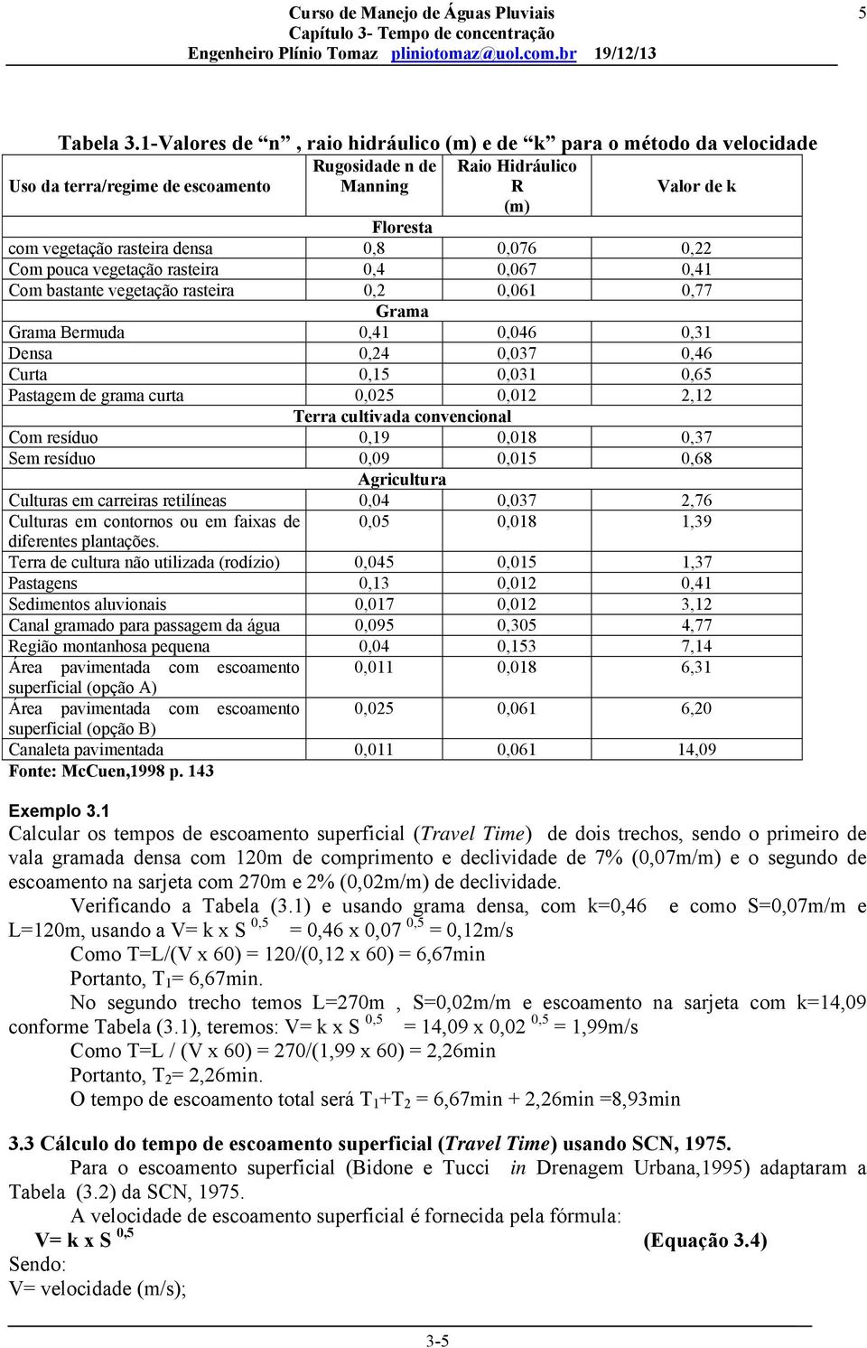 0,8 0,076 0,22 Com pouca vegetação rasteira 0,4 0,067 0,41 Com bastante vegetação rasteira 0,2 0,061 0,77 Grama Grama Bermuda 0,41 0,046 0,31 Densa 0,24 0,037 0,46 Curta 0,15 0,031 0,65 Pastagem de